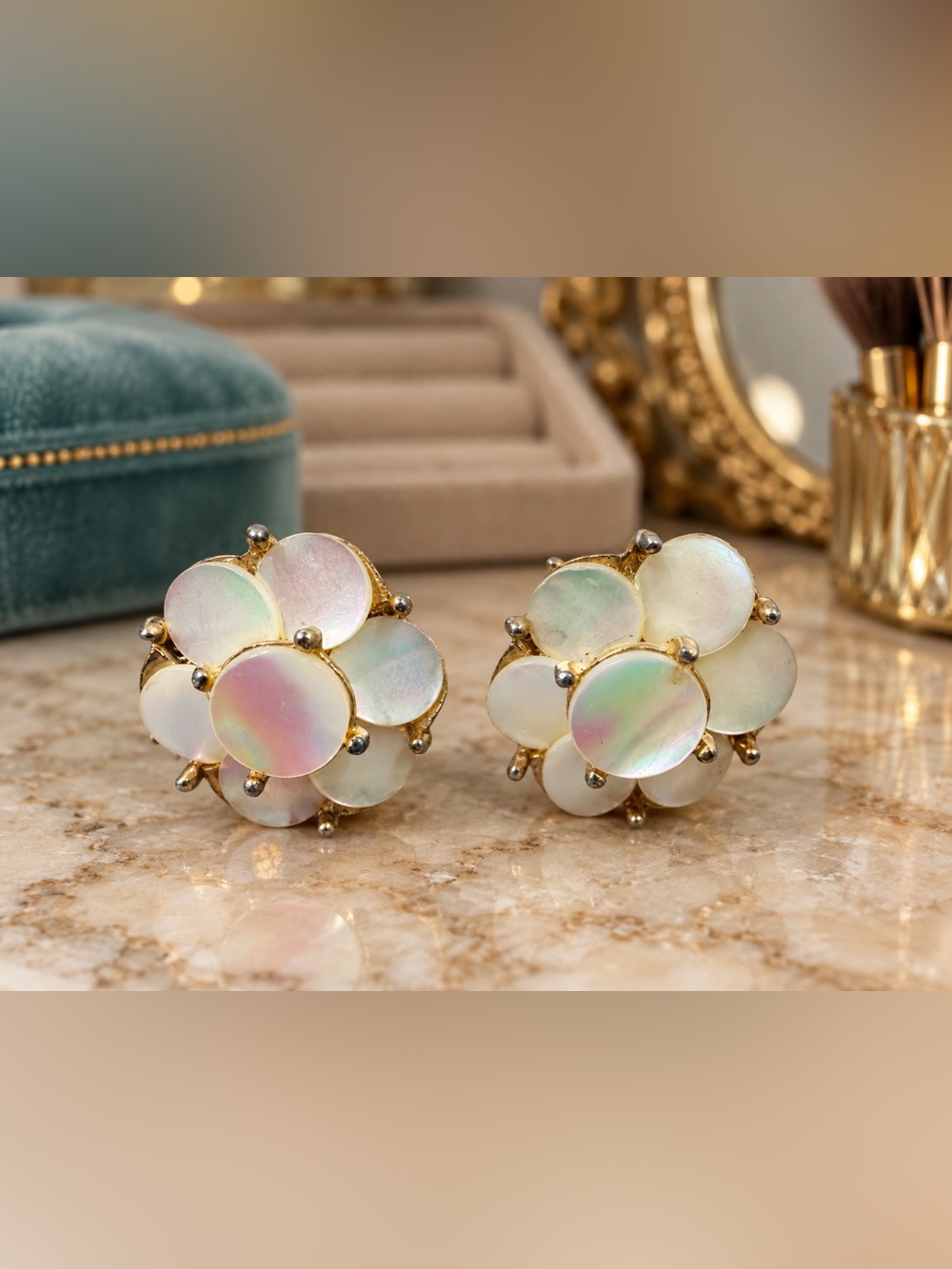 Vintage Mid-Century Iridescent Moonglow Floral Screwback Earrings